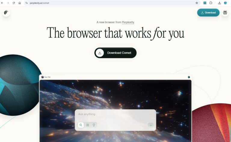 Comet este browserul AI creat de Perplexity, acum gratuit pentru toți. Include căutare inteligentă, asistent vocal, Spații colaborative și protecție a datelor.